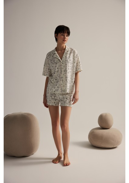 Kadın Pamuklu Kısa Kollu Gömlek Şortlu Pijama Takımı