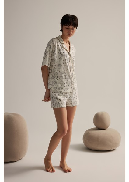 Kadın Pamuklu Kısa Kollu Gömlek Şortlu Pijama Takımı fiyatları