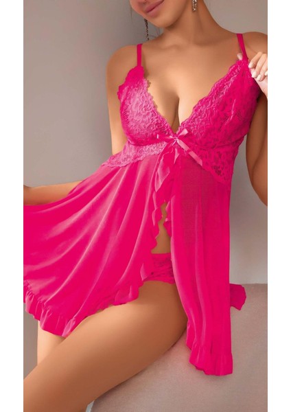 Kadın Fuşya Fantezi Gecelik Tül Önü Açık Fırfırlı Fiyok Detaylı 2113 fiyatları