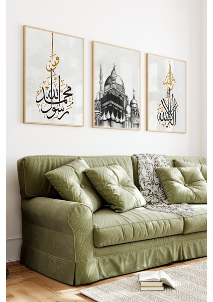 🕋 Kâbe ve Hat Sanatı Temalı 3’lü Çerçeveli Tablo Seti 🌿 CRV1092 23 x 32 fiyatları