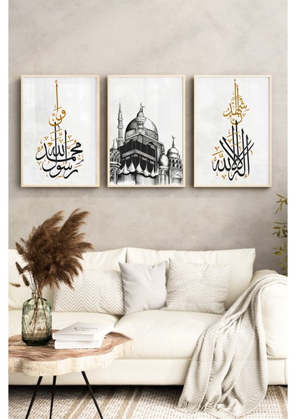 🕋 Kâbe ve Hat Sanatı Temalı 3’lü Çerçeveli Tablo Seti 🌿 CRV1092 23 x 32 indirimleri