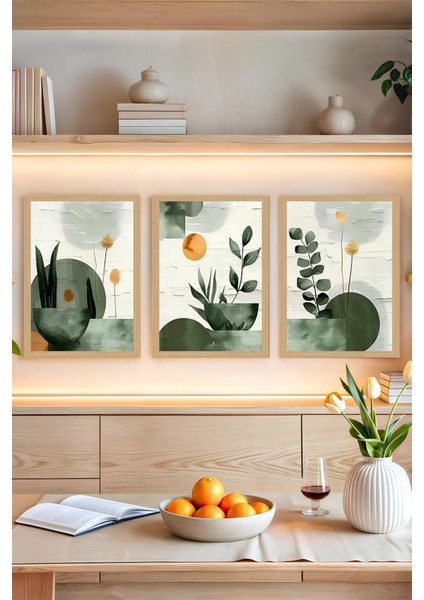 🌿 Yeşil Vurgulu Modern Minimalist Bitki Temalı 3'lü Tablo Seti – Mdf Uv Baskı (Çerçevesiz) CRVS1032 13 x 17