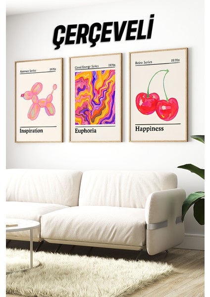 🍒 Retro Pop Art Tarzı Renkli 3’lü Ahşap Çerçeveli Tablo Seti 🌿 CRV1165 23 x 32