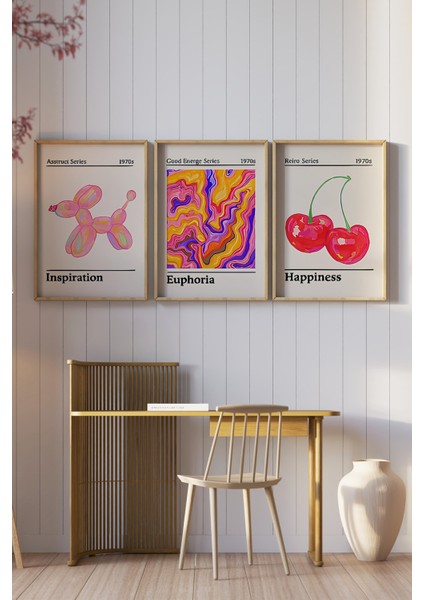 🍒 Retro Pop Art Tarzı Renkli 3’lü Ahşap Çerçeveli Tablo Seti 🌿 CRV1165 23 x 32 fiyatları