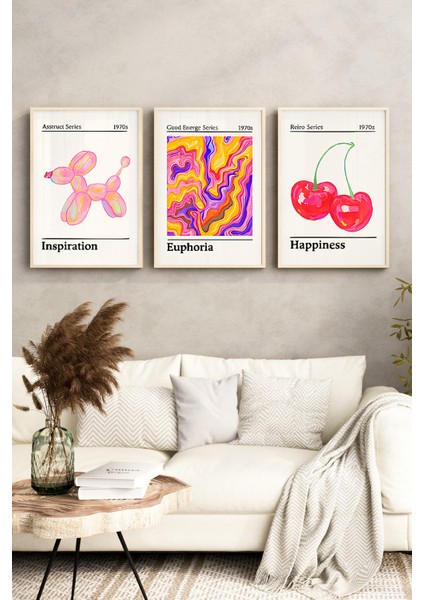 🍒 Retro Pop Art Tarzı Renkli 3’lü Ahşap Çerçeveli Tablo Seti 🌿 CRV1165 23 x 32 fırsatları