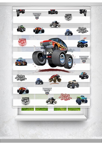 Monster Truck Kamyonet Çocuk Odası Perdesi Zebra Perde - Dijital Baskılı Zebra Stor Perde