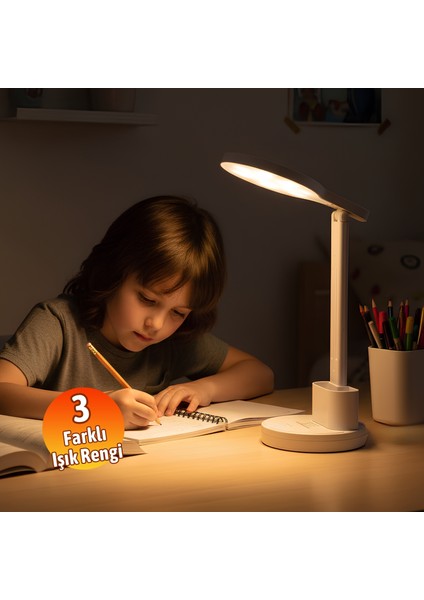 Beyaz Dokunmatik 3 Renkli Kademesiz Karartmalı Type C Şarjlı Masa Lambası Kalemlikli 10W fırsatları