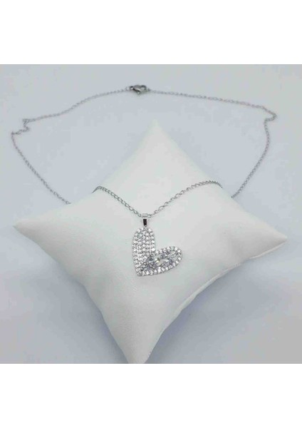 Çelik Silver Zirkon Taşlı Kalp Kolye