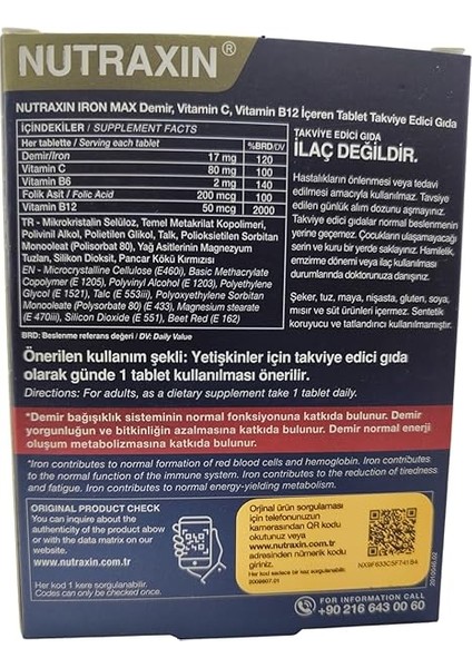 Iron Max 17 Mg 30 Tablet - Demir, C Vitamini, B6 Vitamini, Folik Asit, B12 modelleri