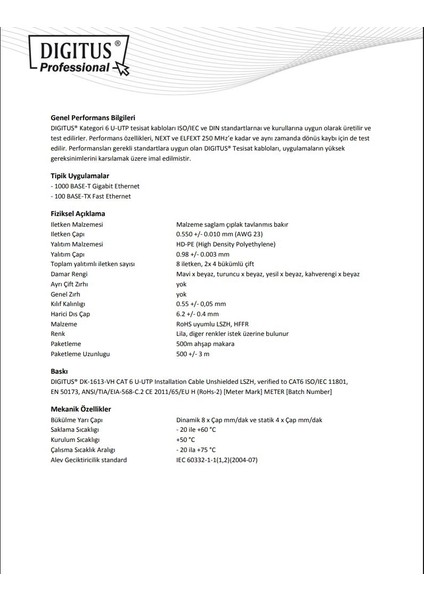 Cat6 90 Metre Saf Bakır U-Utp Data Kablosu Lszh (Low Smoke Zero Halogen) Sarı modelleri