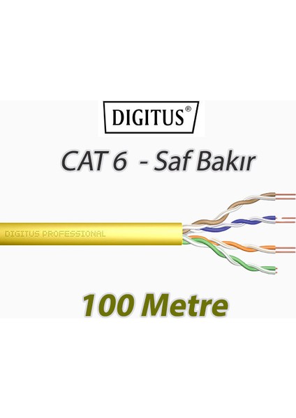 Cat6 100 Metre Saf Bakır U-Utp Data Kablosu Lszh (Low Smoke Zero Halogen) Sarı