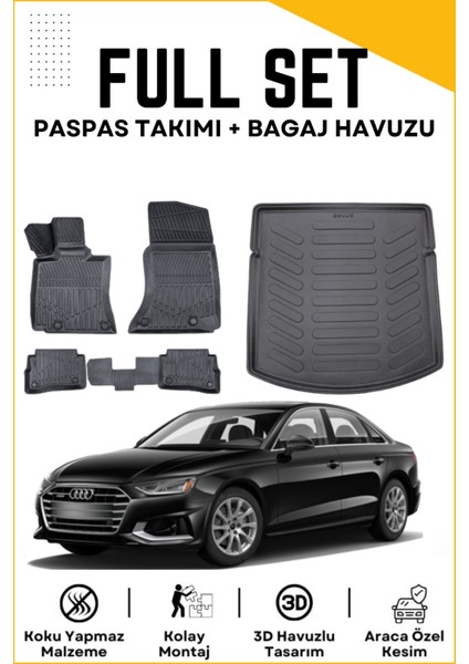 Audi A4 2017-2018-2019-2020-2021-2022-2023-2024 Model Birebir Uyumlu Bagaj Havuzu+Paspas Seti
