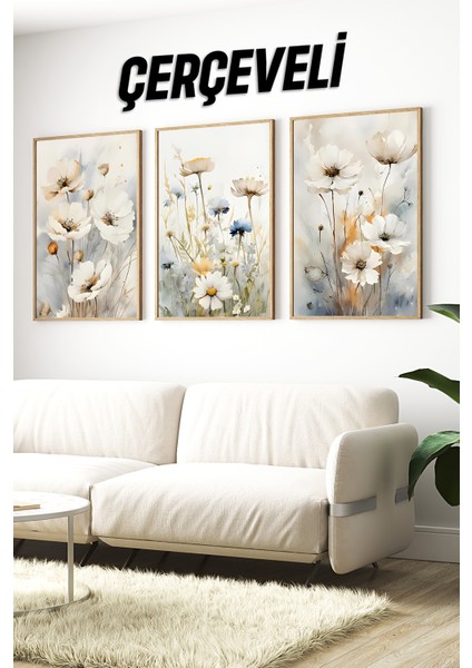 🌸 Suluboya Tarzı Vahşi Çiçekler Temalı 3’lü Ahşap Çerçeveli Tablo Seti 🌿 CRV1116 23 x 32