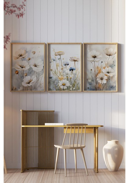 🌸 Suluboya Tarzı Vahşi Çiçekler Temalı 3’lü Ahşap Çerçeveli Tablo Seti 🌿 CRV1116 23 x 32 fiyatları