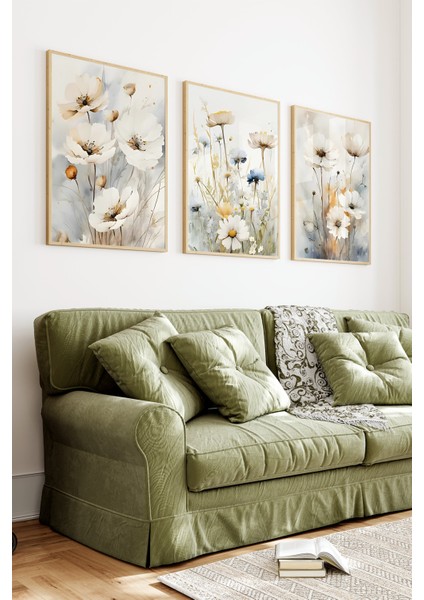 🌸 Suluboya Tarzı Vahşi Çiçekler Temalı 3’lü Ahşap Çerçeveli Tablo Seti 🌿 CRV1116 23 x 32 indirimleri