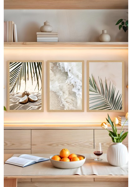🌴 Kumsal Temalı 3’lü Tablo Seti - Hindistan Cevizi, Dalga ve Palmiye Deseni 🌊 CRVS1051 13 x 17