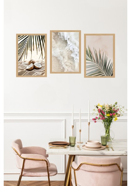 🌴 Kumsal Temalı 3’lü Tablo Seti - Hindistan Cevizi, Dalga ve Palmiye Deseni 🌊 CRVS1051 13 x 17 fırsatları