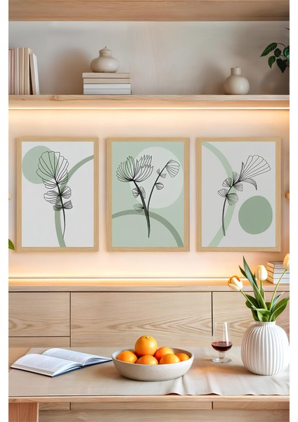 🎨 Minimal Doğanın Zarafeti – Çizgisel Bitki Temalı 3’lü Tablo Seti (Yeşil Tonlar) CRVS1031 13 x 17