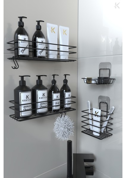 paslanmaz Yapışkanlı Siyah Metal Banyo Rafı Düzenleyici 4'lü Set Kancalı Duş Rafı Sabunluk Rafı