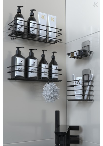 paslanmaz Yapışkanlı Siyah Metal Banyo Rafı Düzenleyici 4'lü Set Kancalı Duş Rafı Sabunluk Rafı modelleri