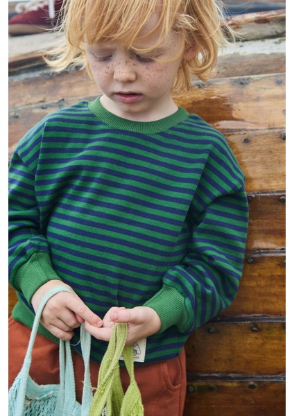 Çizgili Triko Sweatshirt 0-4 Yaş Haki Lacivert