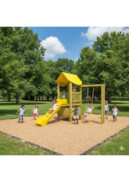 Bir Kuleli, Düz Kaydırak ve Salıncaklı Ahşap Çocuk Parkı