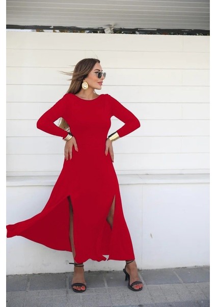 Kadın Uzun Kollu Hafif Kayık Yaka Sırt Dekolteli Yırtmaç Detaylı Viskon Tam Boy Elbise modelleri