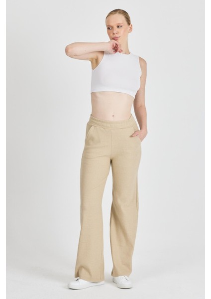 Kadın Bej Yüksek Bel Bol Paça Kaşkorse Fitilli Cepli Pantolon Eşofman Altı