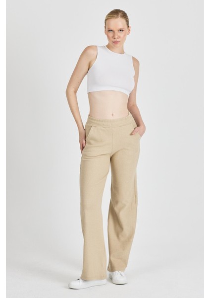 Kadın Bej Yüksek Bel Bol Paça Kaşkorse Fitilli Cepli Pantolon Eşofman Altı