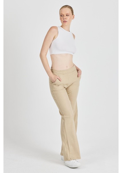 Kadın Bej Yüksek Bel Bol Paça Kaşkorse Fitilli Cepli Pantolon Eşofman Altı