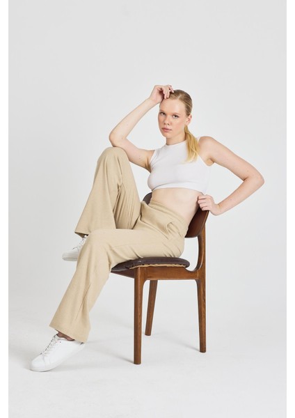 Kadın Bej Yüksek Bel Bol Paça Kaşkorse Fitilli Cepli Pantolon Eşofman Altı