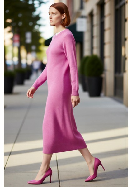 Kadın V Yaka Düşük Kol Shift Kesim Kuşaklı Maxi Boy Düz Triko Elbise Kış Kombinlerinin Vazgeçilmezi