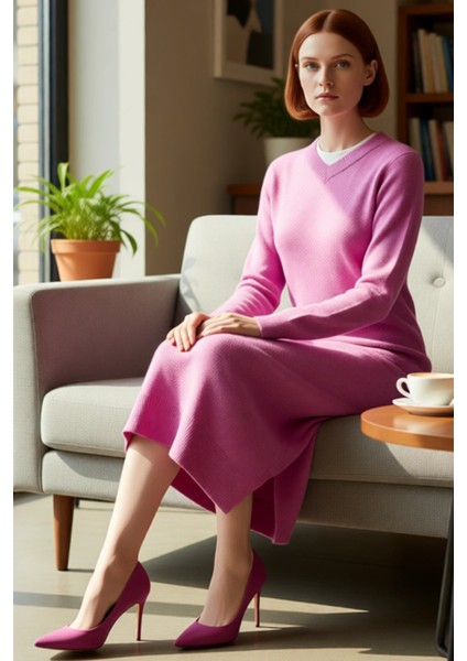 Kadın V Yaka Düşük Kol Shift Kesim Kuşaklı Maxi Boy Düz Triko Elbise Kış Kombinlerinin Vazgeçilmezi fiyatları