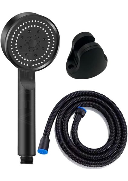 5 Fonksiyonlu Yüksek Basınçlı Duş Başlığı Mafsalı 150 cm Hortum Siyah Duş Seti