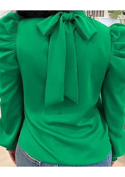 Kadın Uzun Kollu Balıkçı Yaka Arkadan Bağlamalı Omuzlardan Balon Ithal Krep Bluz modelleri