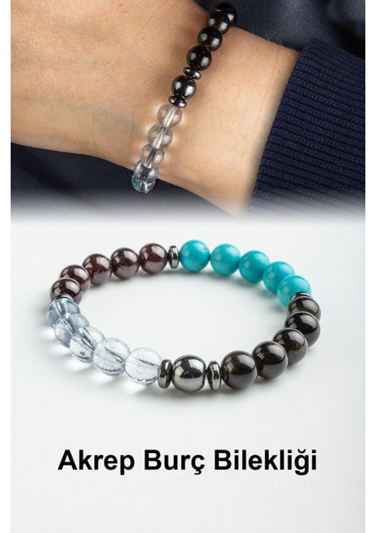 Akrep Burç Bilekliği Topaz-Turkuaz-Garnet-Obsidyen Doğal Taş 8mm Bileklik