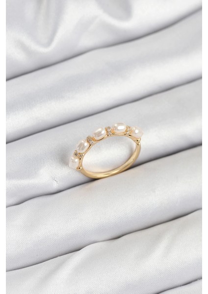 Pirinç Gold Renk Sıralı Incili Kadın Yüzük