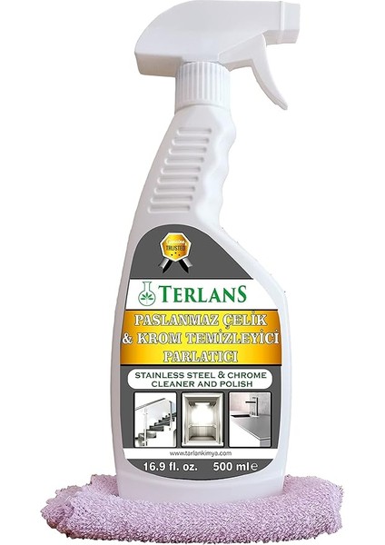 Asansör Temizleyici Paslanmaz Çelik ve Krom Parlatıcı 500 ml + Mikrofiber Bez Stainless Steel &amp; Chrome Cleaner And Polish