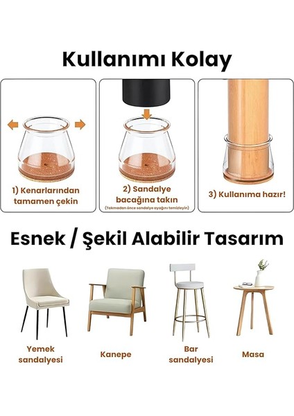 Adet Yuvarlak Sandalye Papucu (3.6–4.0 Cm) – Şeffaf Silikon Ince Keçeli, Gürültü Önleyici ve Zemin Koruyucu Mobilya Ayak Kılıfı modelleri