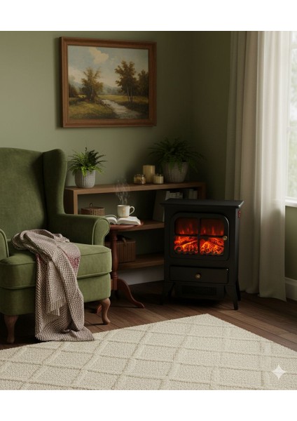 Elektrikli Şömine Isıtıcı , Fanlı, Gerçek Alev Efektli Dekoratif Soba