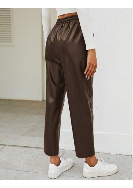 Kadın Yüksel Bel Bağcıklı Deri Pantolon fırsatları