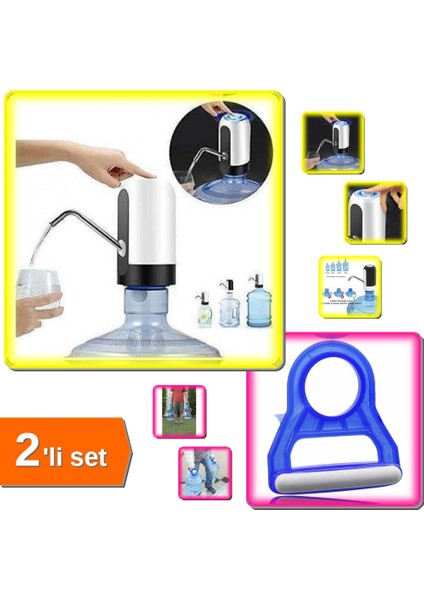 2’li Set Şarjlı Damacana Su Pompası ve Damacana Taşıma Aparatı Dayanıklı Pratik Kullanım V8J9TX