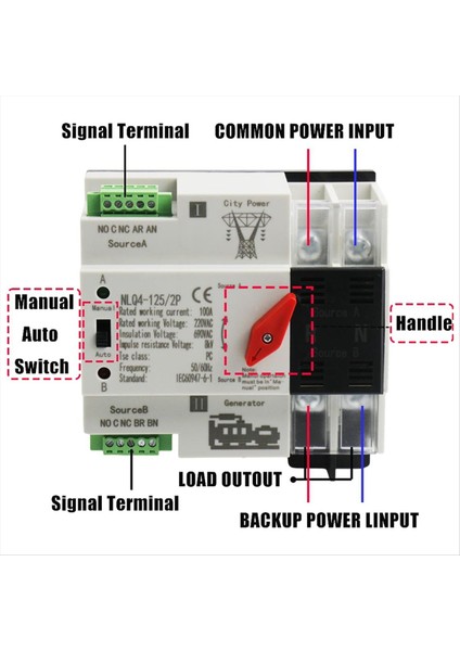 Otomatik Aktarım Anahtarı 2p 100A Dın Demiryolu Montajı Çift Güç Anahtarı Jeneratörler Için Elektrik Seçimi Anahtarı Nlq4-2p (Yurt Dışından) modelleri