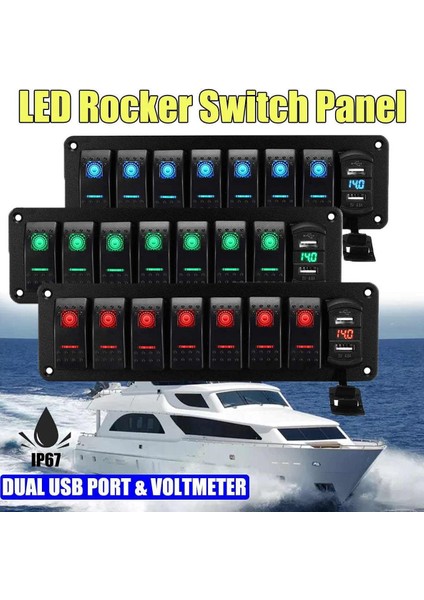 Araba Su Geçirmez Deniz Teknesi Rocker Anahtar Paneli 8 Çankı 12V/24V Devre Kesici Çift USB Yuvaları Işık Düğmesi Mavi (Yurt Dışından) fırsatları