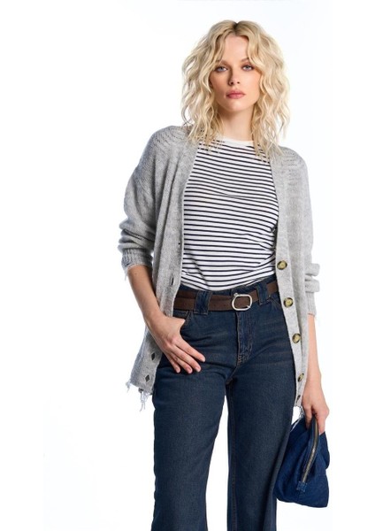 Gri Melanj Yırtık Detaylı Triko Hırka