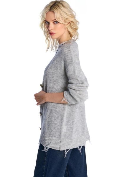 Gri Melanj Yırtık Detaylı Triko Hırka