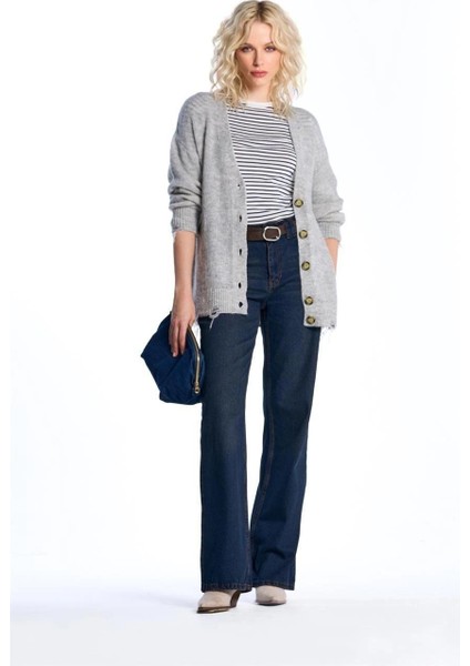 Gri Melanj Yırtık Detaylı Triko Hırka