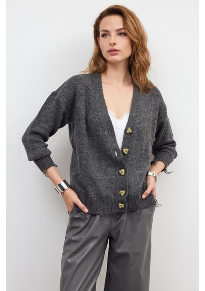 Antrasit Yırtık Detaylı Triko Hırka