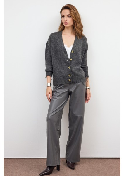 Antrasit Yırtık Detaylı Triko Hırka