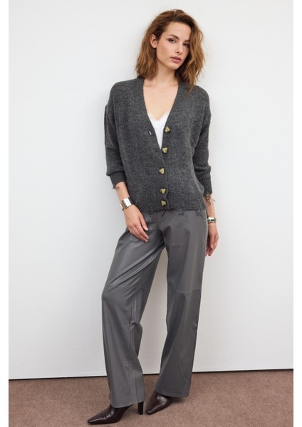 Antrasit Yırtık Detaylı Triko Hırka